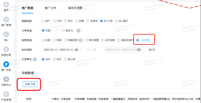 在投放平台推广报告场景筛选中新增「一键起量」按钮，点击即可分订单查看起量数据情况，支持报表下载。